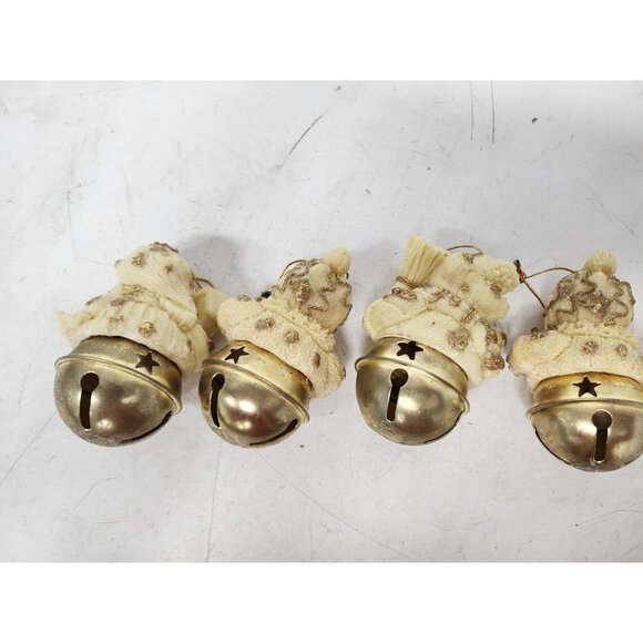 Vintage Snowman Christmas Tree Ornaments With Bells Resin And Brass Set Of 5 - Picture 6 of 8